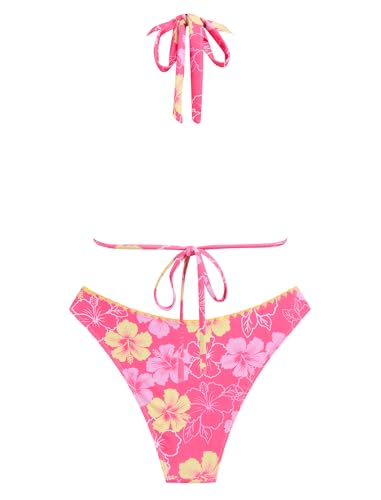 Image of ZAFUL Women Halter Dual Straps Whip Stitch Floral Triangle Bikini Swimsuits