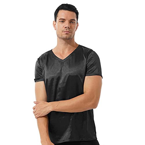 Vxuxlje Men Shiny Satin Short Sleeve T-Shirt Tops V Neck Loose Comfort Loungewear Pajamas Sleepwear3