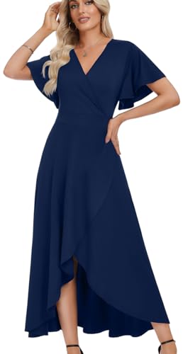 WEACZZY Dresses for Women Formal Dresses Gowns Evening Party Cocktail Dress Split Elegant V Neck Wrap Ruffle Dresses for Wedding Guest,Navy Blue,M