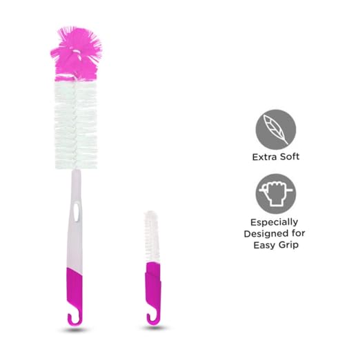 Image of Baybee 2 in 1 Baby Bottle Cleaning Brushes | BPA-Free 360 Movable Nylon Bristles Baby Feeding Bottle & Nipple Cleaning Brush | Anti Slip, Easy to Clean Neck to Wide Corner Cleaner Set(Pack of 2,Pink)