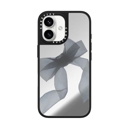 CASETiFY �~���[ MagSafe�Ή� iPhone 16 �P�[�X [���ː� / 1.5m����̗����������N���A (MIL�K�i1�{����) / ���C�����X�[�d�����Magsafe�Ή�] - Black Organza Ribbon - �V���o�[ (�u��
