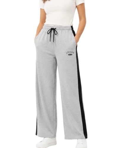 Image of Women's Wide Leg Track Pants with Elastic Waist & Drawstring | Soft Breathable Relaxed Fit Trousers | Casual Lounge Travel Wear for Women & Girls