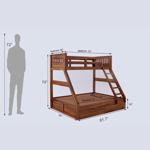 Image of Custom Decor Sheesham Wood Bunk Bed | Wooden Double Bed Bed Furniture for Bedroom | Living Room | Home (Taper-N)