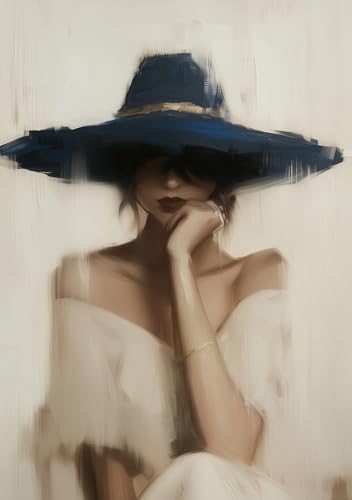 STYLER Tableau sur toile Blue Hat 70 x 100 cm prêt à accrocher – portrait élégant de femme avec chapeau bleu et lèvres sensuelles – décoration murale artistique