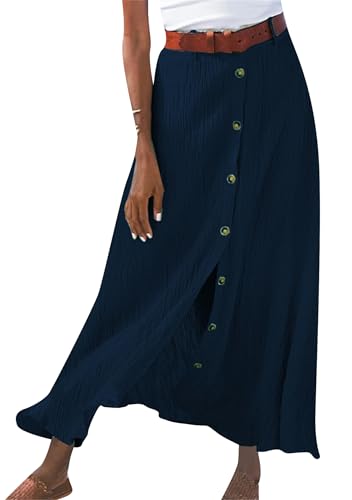 BOFETA Women's Button Down Maxi Skirts Casual Loose Long Skirts Flowy Swing Slit Front Skirt