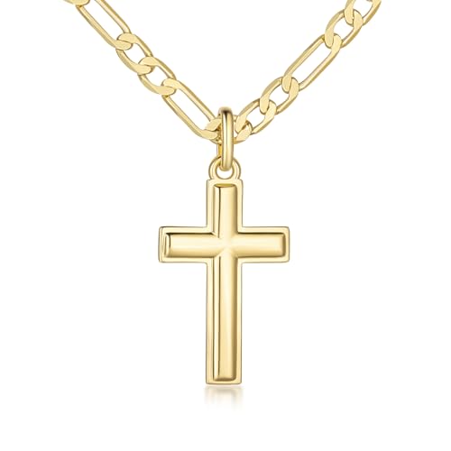 Gold Cross Necklace for Mens Cross Chain Faithful Gold Pendant for Men 3-in-1 Figaro Chain Mens Necklaces 20/22/24in