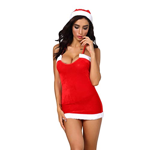 Winwintom Moda Mujer Sexy Festival de Navidad sin Respaldo Mini Vestido Camisón Sombrero Lencería Traje S-3XL