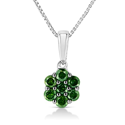 Haus of Brilliance .925 Sterling Silver 1/2 Cttw Prong Set Treated Green Diamond Floral Cluster 18" Pendant Necklace (Green Color, I1-I2 Clarity)