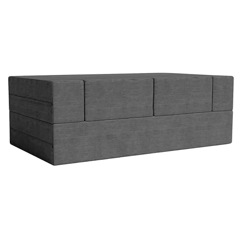 Image of Rosebell | 5x6 Feet C-Type Sofa Cum Bed | Jute Fabric with Washable Cover | Foldable Sofa Two Seater with Pouffe for Living Room & Office | Grey
