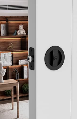 Image of goldenwarm Matte Black Pocket Door Lock, Privacy Round Pocket Door Hardware Not-Adjustable 2-3 /8 inch Latch, Pocket Door Handles for Pocket Doors Sliding Doors 2 Pack