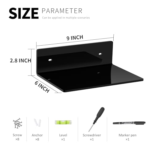 Image of 9 Inch Black Wall Shelves 4 Pack, Acrylic Wall Mounting Ledges Display, Acrylic Display Wall Shelf for Funko Pop Figures, Collectibles, Plants, Decor, Toiletries, Spices Jars, 4 Pack