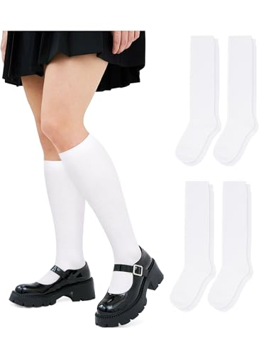 VEKDA 4 Pairs Girls Knee High Socks Cotton Seamless Toe School Uniform Socks for Girls