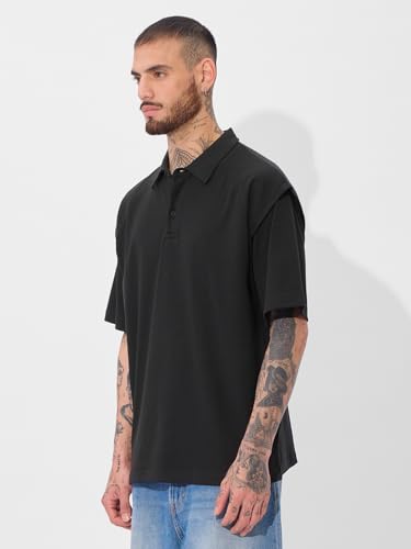 Image of The Souled Store Korean Polo: Men and Boys Short Sleeves Collared Neck Solid Cotton Oversized Polos