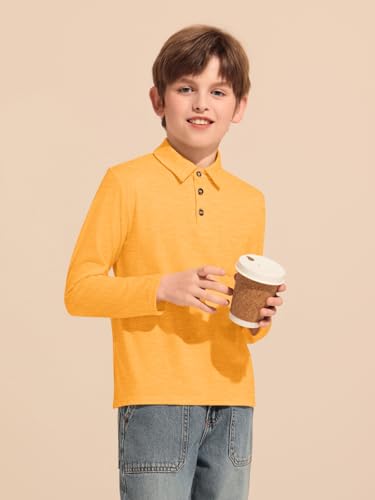 Image of Haloumoning Boys Long Sleeve Polo Shirts Kids Casual Button School Uniform Shirts with Chest Pocket 5-14 Years