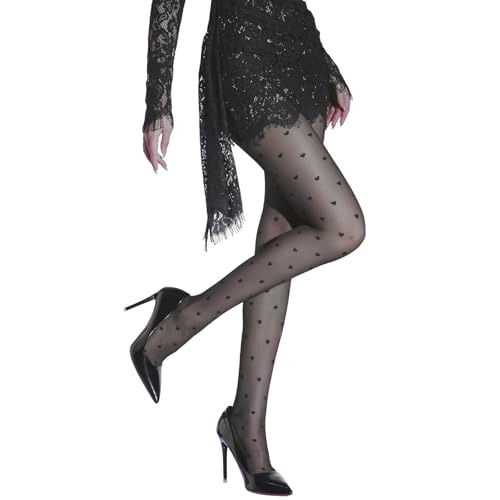 Women’s 15D Sheer Pantyhose Polka Dots Hearts Patterned High Waist Ultra Stretchable Footed Tights Plus Size Stockings