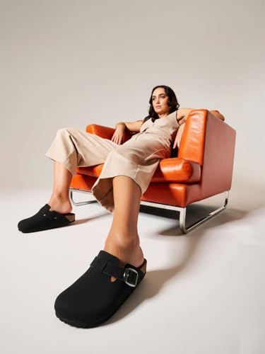 Image of LYDC London Comfortable Black Suede Clogs for Woman | Stylish and Durable Clogs Women Footwear with Anatomically Shaped Footbed, Soft Lining & Lightweight EVA Sole for All-Day Comfortand Versatile Everyday Wear