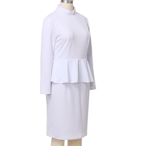 Image of FAD-4U Church Clergy Dress for Women Minister Long Sleeve Ruffle Slim Pencil Dress with Tab Insert Stand Collar