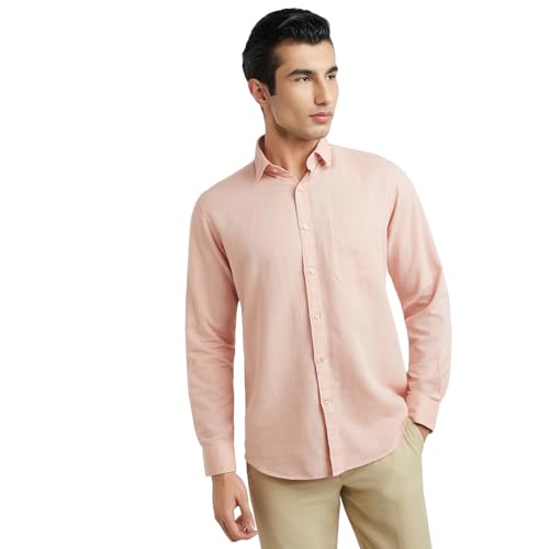 Image of Raymond Men Slim Fit Solid Pattern Linen Cotton Blend Regular Collar Full Sleeve Casual Shirt
