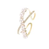 Dainty Pearl Cross Ring for Women Girls 14K Gold Plated CZ Crystal Criss Wrap Finger Band Open Statement Rings Engagement Promise Stacking Rings Bands Adjustable Jewelry Gifts