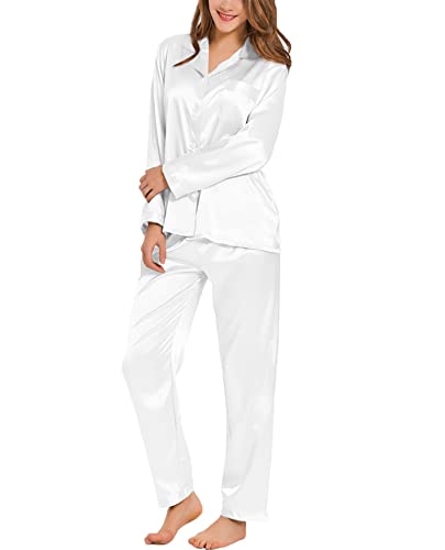 Image of SWOMOG Long Sleeve Pajamas Set Silk Satin Sleepwear Button Down Pjs Loungewear with Pocket