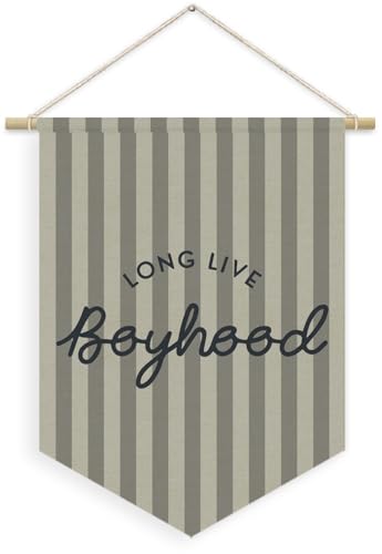 XYDEG Boys Room Decor, Long Live Boyhood Boy Nursery Linen Canvas Banner, Grey Striped Wall Hanging Pennant Flag Banner for Boys Nursery Kids Toddler Room Bedroom Playroom Decor, 15x11in