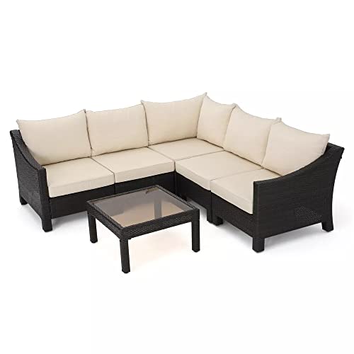 Image of DEVOKO Patio 3PCS Outdoor L Shape Rattan Sofa Set with Cushions and Center Table Furniture for Garden, Porch, Backyard (Dark Brown & Cream)