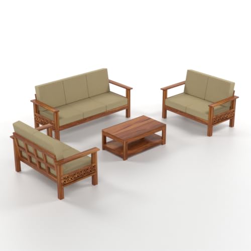 Image of Solid Sheesham Wood 7 Seater Sofa | Premium Handmade Wooden Sofa with Upholstered Cushioned Seat & Backrest | Modern Carved Wooden Couch for Living Room, Bedroom, Office,