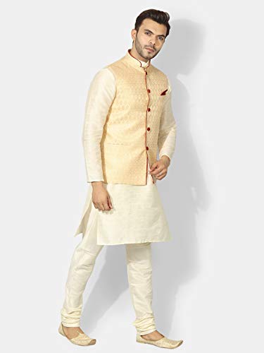 Image of Uri and MacKenzie Silk Men's Cream Kurta Matching Pyjama Chudidar With Golden Ethnic Nehru Jacket (42)