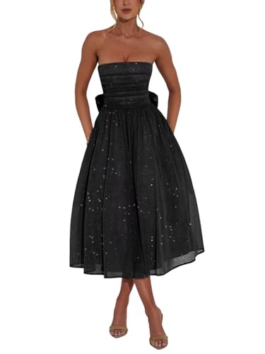 Strapless Sparkly Tulle Prom Dress with Back Bow Formal Evening Party Gown Tea-Length for WomenEvening Gown