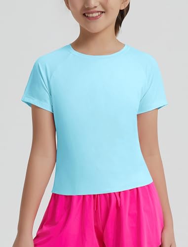 Image of EXARUS Girls Athletic Shirts Quick Dry Workout Split Back Crop Tops 6-14Y | Tween Athletic Sports Soccer Activewear Gym Running Dri Fit Teen Tennis Performance Hiking Short Sleeve Tees Kids 6-14Y