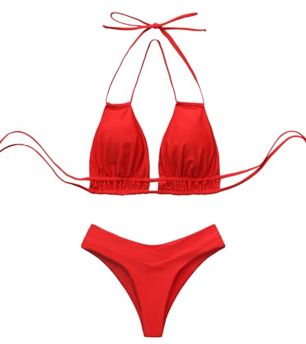 Image of Meetall Cheeky High Cut Triangle Bikini Sets for Women Cute Halter Top Swimsuits 2 Piece