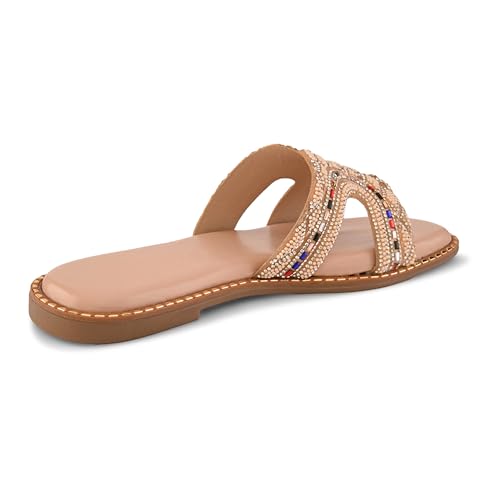 Image of Centrino Women's Beaded Flat Sandals | Stylish Gold Crystal Slip-On with Ornate Cutout Design | Soft Cushioned Footbed |Elegant & Trendy Open Toe Slip-On | Luxury Footwear for Wedding /Party (9301)