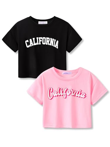 Image of Stylish Graffiti /Butterfly Graphic Crop Top for Girls -Cool Summer T-Shirt Soft Colorful 2-Pack Tees Size 6-18