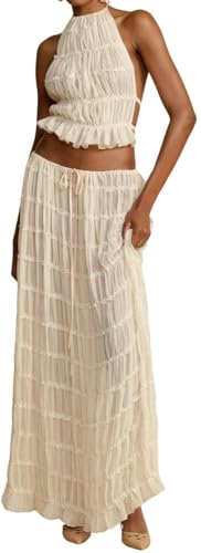 Summer Women's Y2k Maxi Skirt Lace Elastic Waist Pleated Flowy Long Skirt Beach Holiday Cocktail Club Dress