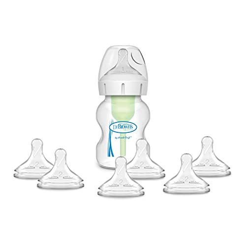 Image of Dr. Brown’s Natural Flow® Anti-Colic Options+™ Wide-Neck Baby Bottle, 5 oz/150 mL, Level 1 Nipple, 1-Pack, 0m+ with 6-pack Level 2 Nipples