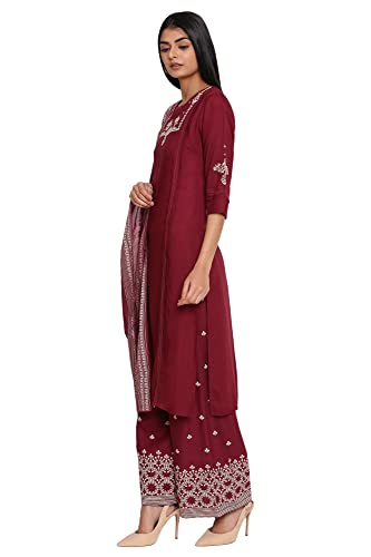 Image of Wishful By W Women Maroon Solid Straight Kurta-Parallel Pants-Dupatta Set