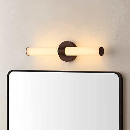 Image of JONATHAN Y 20 inch Oil Rubbed Bronze /White Integrated LED Vanity Light, Mid-Century Modern Iron Sconce with Frosted Acrylic Shade, Dimmable Bathroom Light Fixture for Mirror, 3000K (JYL7119C)