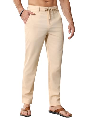 JWM Linen Dress Pants for Men Summer Casual Beach Lightweight Comfy Trousers Travel Vacasion Pants with Zipper Pocket 30