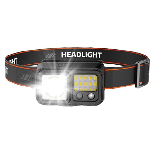 Linterna frontal LED recargable – Luz frontal exterior ligera con 5 modos de brillo y sensor de movimiento | Carga rápida USB-C, correa ajustable y diseño impermeable