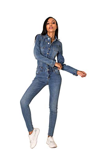 Nina Carter Combinaison en Jean pour Femme Coupe Ajustée Skinny Effet Usé Stretch, Bleu (S387-2), S Cover