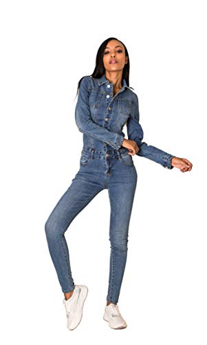 Nina Carter Art. S335 Tuta da donna in jeans skinny vestibilità attillata, Blu (Blue S335-2), S