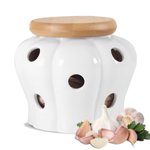 Tarros de almacenamiento de ajos: olla de ajo de cerámica con tapa de bambú y orificios de ventilación, recipiente de ajo, para pimientos, cebolla, ajo, jengibre, etc