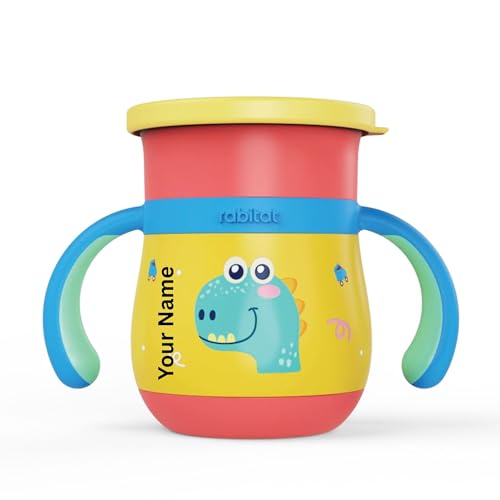 Image of rabitat Sip Around Personalized Stainless Steel Sipper 390ml | 2 Years Brand Warranty | Leak Proof | BPA Free | Sippy Cup for Kids with Soft Silicone Rim | Ergonomic Design, Dino Dash