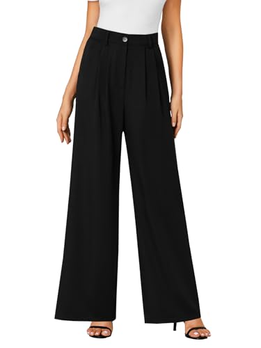 LYANER Women's High Waist Casual Wide Leg Long Palazzo Pants Button Down Loose Business Work Office Trousers with Pockets Black Medium