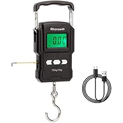 Balanza Hogar Rhorawill Recargable Bascula Digital Viaje Báscula de Pesca, Hasta 165lb/75kg, Bascula Viaje Balanza Colgante Hasta con LCD Retroiluminado y Cinta Métrica Para Viajes, Vida en el Hogar y Al Aire Libre
