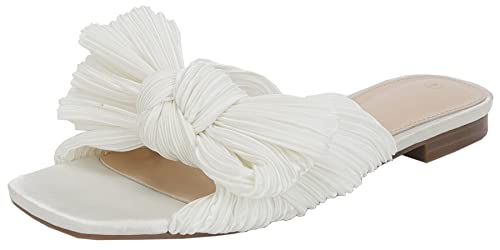 VETASTE Women's Pleated Bow Flat Sandals Open Square Toe Slip on Slide Sandals