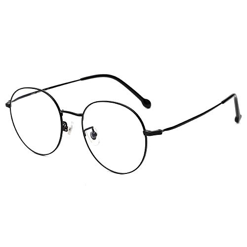 100% Titan Blaulichtfilter Brille, Weniger Nasendruck, 【Gesamtbreite: 142 mm】 Rund Vintage Retro Stil für PC TV Tablet Unisex,Schwarz