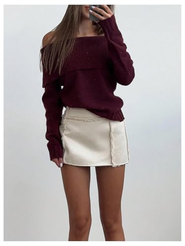 Image of Verdusa Women's Fall Sweaters Off The Shoulder Long Sleeve Sweater Pullover Sweaters Early Fall Clothes Burgundy Large
