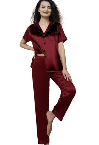 Image of WJing Yi Jia Womens Pajamas Set XS-4XL Floral Silk Satin Pajama Sets Silky Pj Sets 2Pcs Loungewear Sleepwear Button Down Pjs