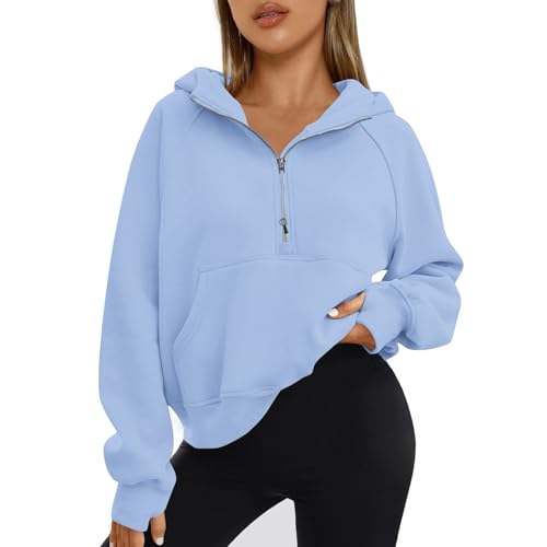Half Zip Pullover Women Fleece Thumb Hole Cropped Hoodie Y2k Raglan Quarter Zipped Hooded Sweatshirt with Pockets3